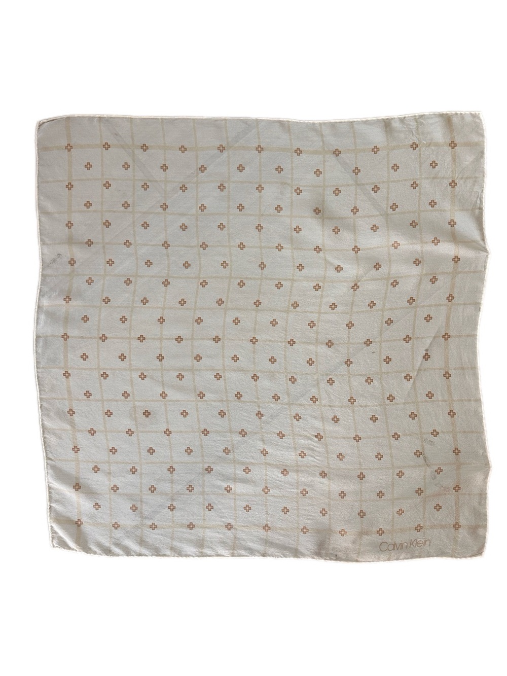 Vintage Calvin Klein Silk Pocket Square Scarf Cream Beige Geometric Grid Logo